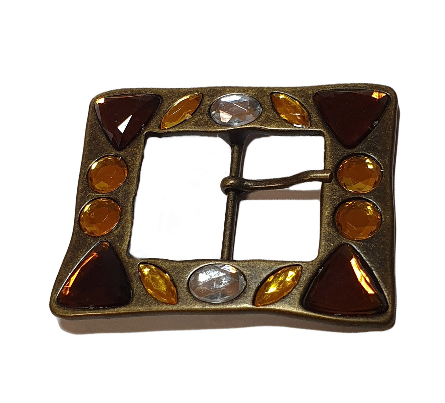 Fibbia in metallo rettangolare colore ottone vecchio con pietre incastonate luce 40 mm.